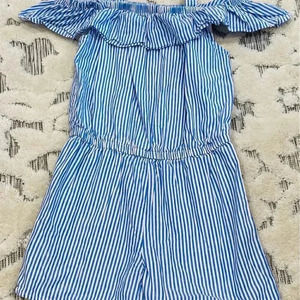 OshKosh B'gosh Girls Striped Ruffle Romper Blue Sleeveless 6X Casual One-Piece